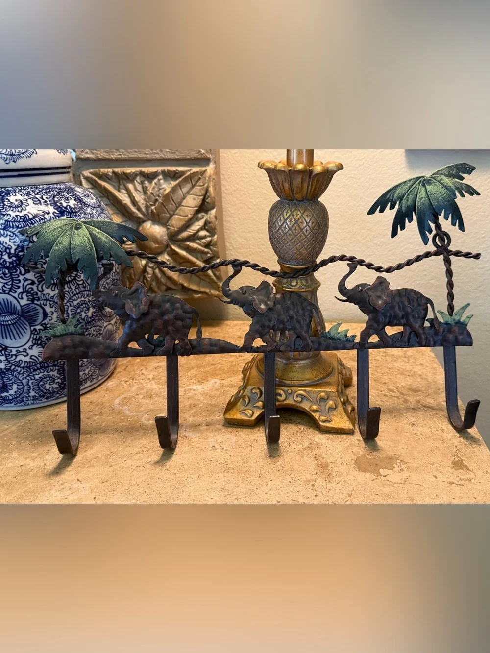 Vintage Style Elephant and Palm Tree Wall Hook Rack - Faux Bronze